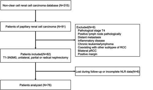 Figure 1 Flow chart of patient selection.Abbreviations: RCC, renal cell carcinoma; pRCC, papillary renal cell carcinoma; NLR, neutrophil-to-lymphocyte ratio.