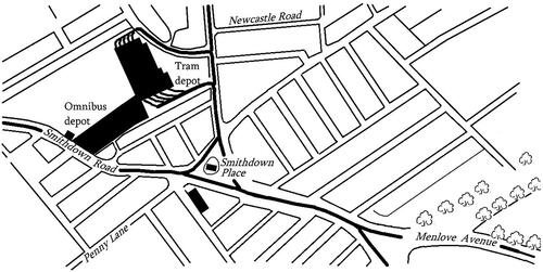 Figure 7. Section redrawn from the 1939 25" OS map showing some key sites including the bus shelter on the island in Smithdown Place, which features in the Penny Lane lyrics. The church where McCartney sang as a choirboy is the highlighted building directly south of the bus shelter.