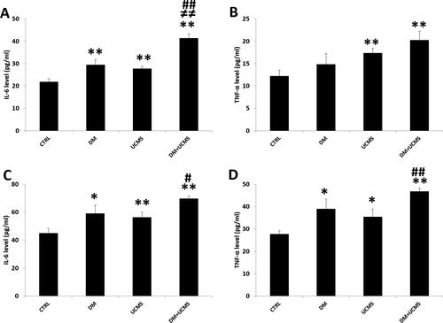 Figure 2. Levels of proinflammatory cytokines, IL-6 and TNF-α in liver (A, B) and kidney (C, D) determined by ELISA. Data are mean ± SEM. *p < 0.05, **p < 0.01 versus CTRL; ≠ ≠ p < 0.01 versus DM; # p < 0.05, ## p < 0.01 versus UCMS. CTRL: control group, DM: Alloxan-induced diabetic rats, UCMS: unpredictable chronic mild stress group, DM + UCMS: combined group.