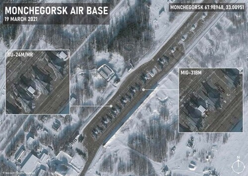 Figure 15A: Aircraft of the 100th Regiment, 279th Regiment and 98th Air Regiment at Monchegorsk on 19 March 2021Source: Maxar Technologies and authors'