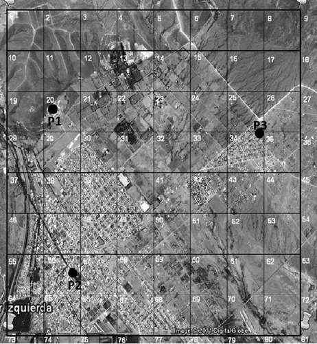 Figure 1. Location of PM10 collectors in URAMEX (P1), City Hall (P2), and the private home (P3) and silts samples (numbers) in the city of Aldama.