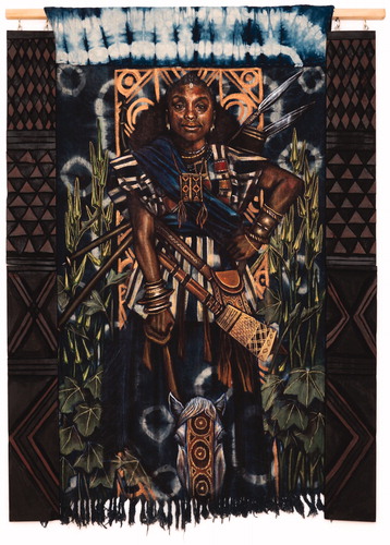 Figure 2. Gianna Watson as Yennenga, 2018. Acrylic and natural dyes and pigments on wood and hand-woven cloth. 60 inches × 72 inches. A depiction of Boston high school student Gianna Watson as Yennenga, founder of the Mossi Empire (Burkina Faso, West Africa).