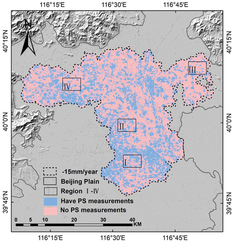Figure 9. Spatial distribution of the grids with and without PS measurements in subsidence area.