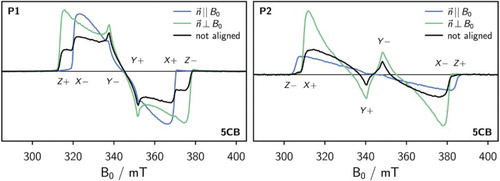 Figure 4. Comparison of the transient cw EPR spectra of P1 (left) and P2 (right) in unaligned and aligned 5CB at 90 K recorded after laser excitation (1 mJ, 20 Hz) at 640 nm and 730 nm for P1 and P2, respectively.