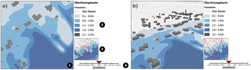 Figure 1. a) Orthographic 2D flood map stimulus, b) perspective 2.5D flood map stimulus.