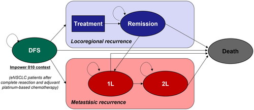 Figure 1. Diagram of the Markov model. DFS, disease-free survival; eNSCLC, early non-small cell lung cancer; 1L, first line; 2L, second line.