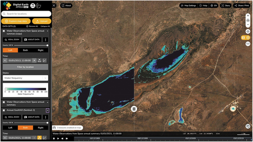 Figure 5. Screen capture of the DE Africa Map showing a comparison of the water detection frequency in 2013 (left panel) and 2021 (right panel) for Lake Ngami, located at the western part of the lower Okavango Delta in Botswana. Water extents are overlaid on a true color Sentinel-2 geomedian image from 2021.