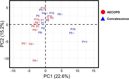 Figure 3 Principal component analysis of protein abundances in plasma samples collected from the 12 patients in the AECOPD or convalescence state.