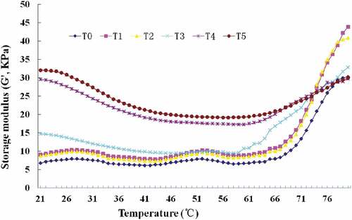 Figure 2. Effect of different temperature intervals (from 20°C to 60°C) at 200 MPa on the cooking yield storage modulus (G’, kPa) of pork batter before heated in a water bath at 80°C for 25 min. T0: only-heated; T1, 20°C/200 MPa/15 min; T2, 30°C/200 MPa/15 min; T3, 40°C/200 MPa/15 min; T4, 50°C/200 MPa/15 min; T5, 60°C/200 MPa/15 min