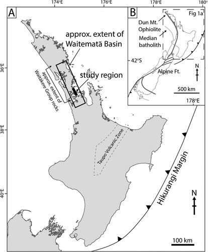 Figure 1. A, Location and approximate extent of the Waitematā Basin (Hayward Citation1993) in the North Island of Aotearoa-New Zealand, and the general extent of the study area in this study. The approximate extent of the Waitākere Group is based on maps of Hayward (Citation1976). B, Inset showing the location of A with respect to Aotearoa’s plate boundary and the distribition of key basement terranes (Dun Mountain Ophiolite Belt and Median Batholith Terranes), illustrating the ‘Z-shape’ structure either side of the Alpine Fault associated with oroclinal bending (Lamb and Mortimer 2020).