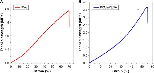 Figure 7 Mechanical testing of (A) PVA membrane and (B) PVA/mPE/PA nanocomposites.Note: *Mean differences were significant compared with pure PVA (P<0.05).Abbreviations: mPE, metallocene polyethylene; PA, plectranthus amboinicus; PVA, polyvinyl alcohol.