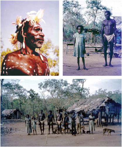 Fig. 4. Photographs of Old Nym Djimongurr and his daughter Josie. Photographs from Judy Optiz Collection c. 1960 and a 1963 photograph of Nym (top left) by Valerie Lhuedé (Citation2012), published with their kind permission. Below, Josie is standing between her mother and father, her brother Namandali standing next to Djimongurr. Nayombolmi is standing in the middle, wearing a hat. Jeffrey Lee’s grandmother is standing on the far right.