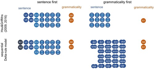 Figure 2. Representations of the sentence and grammaticality variables in Experiment 1. Importantly, the representation of the sentence variable differed between the two models. In Hsu and Griffiths' sentence first models the presence of a particular verb (e.g. V1), sentence structure (e.g. C2) and their interaction (e.g. V1C2) were represented by binary variables. In contrast, the grammaticality first models represented sentences as counts of interactions between verb and sentence structure only. Because the grammaticality first model was only trained on grammatical sentences, it followed that grammatical and ungrammatical information were only represented in the sentence first model. The sequential Delta-rule sentence first model was trained on a sentence representation similar to that in Hsu and Griffiths' sentence first model, but with additional input cues representing the nouns in the sentences. The sequential Delta-rule grammaticality first model represented sentences as sets of bigrams. Both grammaticality and ungrammaticality information was represented in the sequential Delta-rule models. Representations for the other experiments were chosen in an analogous fashion.
