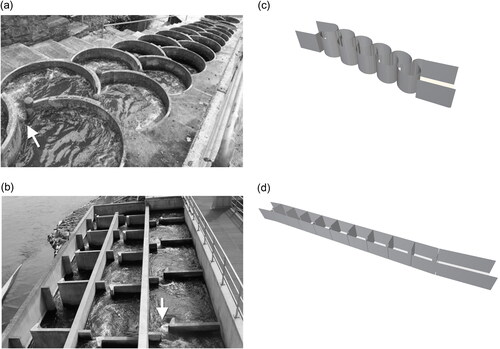 Figure 1. Explanatory illustrations of the MF and the VSF. The bold white arrows in the sub-figures point in the flow direction. (a) Photo of a MF located on the Nethe river near Höxter, Germany. Source: Stamm et al. (Citation2015a); (b) Photo of a VSF located on the Mosel river near Koblenz, Germany; (c) Aerial side view of the MF CAD model; (d) Aerial side view of the VSF 30°CAD model.