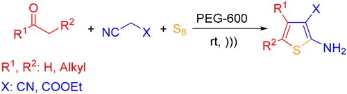 Scheme 1. The Gewald reaction in PEG 600 medium under ultrasonic conditions at ambient temperature.