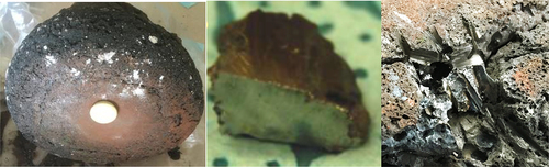 Figure 5. VF-08 ex-vessel fuel debris simulant. (Block diameter is about 25 cm) Left: metallic block indicated by magnet. Center: cut metal sample. Right: zoom on the metallic block showing the remains of hacksaw cutting.