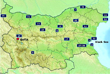Figure 1. Map of Bulgaria with the location of the water bodies monitored in 2011–2012. Note: (Res. = Reservoir: 1 – Res. Aleksandur Stamboliyski; 2 – Alepou; 3 – Res. Antimovo, 5 – Atanasovsko Ezero; 7 – Res. Batak, 11– Res. Burzina, 13 – Res. Gorni Dubnik, 14 – Dourankoulak; 17 – Res. Zhrebchevo; 21 – Res. Iovkovtsi (Shilkovtsi), 25 – Res.Krapets; 27 – Res. Mandra (west); 28 – Res. Mandra (east); 29 – Res. Ognyanovo; 35 – Res. Rabisha; 32 – Pomoriysko Ezero; 38 – Sreburna; 43 – Res. Suedinenie; 52 – Shabla; 53 – Res. Tsonevo.