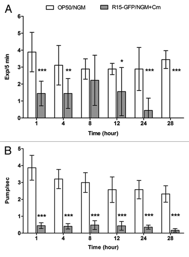 Figure 2.Bp R15 infection caused a significant reduction in both C. elegans defecation and feeding rates. (A) Bars correspond to mean ± SD of the frequency of Exp over 5 min per worm (n = 3). *p < 0.05,**p < 0.01, ***p < 0.001 (Mann-Whitney U-test). (B) Bars correspond to mean ± SEM of pharyngeal pumping per second for each worm (n = 30). ***p < 0.001 (Student’s t-test). Graphs (A and B) share the same labels, which are shown above (A).