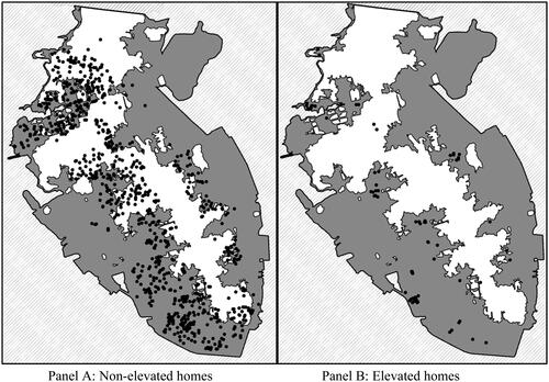 Figure 4. Non-elevated and elevated home location. (a) Panel A shows the location of non-elevated homes while Panel B shows the location of elevated homes; (b) an elevated home is defined as one having 12 or more steps between the ground and front door landing; (c) the Charleston peninsula is outlined in black; (d) dotted areas represent Charleston harbor and its surrounding tributaries; (e) gray areas are those in the 100-year flood plain under the National Flood Hazard Layer (NFHL).