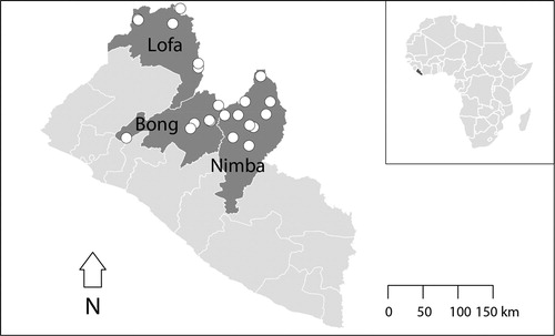 Figure 2. Liberia study area including three counties and 22 surveyed communities.