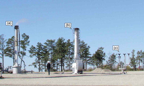 Figure 1. Three flares used in the experiment: (a) QFS steam-assisted flare; (b) AFDS air-assisted flare; and (c) MPGF multipoint sonic flare.