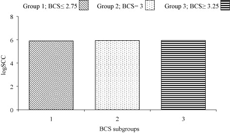 Figure 1. Distribution of logSCC values by BCS subgroups.Note: SCC: somatic cell count, BCS = body condition score.