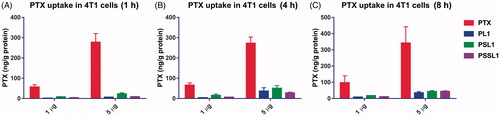 Figure 4. Cellular uptake of PTX after treatment with 1 and 5 µg concentration PTX, PL1, PSL1, and PSSL1 at (A) 1 (B) 4, and (C) 8 h, respectively.