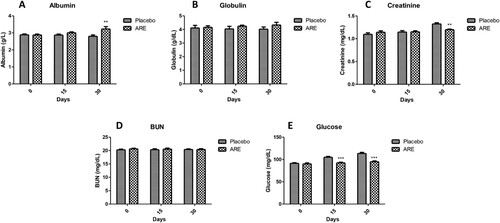 Figure 4. Effect of ARE treatment on important serum biochemical markers. (A) Serum albumin, (B) Serum globulin, (C) Serum creatinine, (D) Blood urea nitrogen (BUN), (E) Glucose. Data n = 8; statistically analysed by Mean ± SEM. **Significantly different from placebo group at p < 0.01, ***Significantly different from placebo group at p < 0.001. ARE: Ashwagandha root extract.