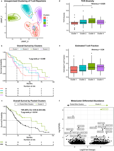 Figure 3. Clustering of WashU tissue patients by shared TCR specificity. (a) Unsupervised clustering of WashU tissue patients into four distinct patient clusters. (b) Kaplan-Meier curve of overall survival by individual cluster. (c) Kaplan-Meier curve of overall survival comparing cluster 3 to pooled clusters 1,2 and 4. D-E: comparison of patient clusters by (d) TCR diversity and (e) estimated T-cell fraction. F: relative abundance of TCR Metaclusters in patient cluster 3 compared to pooled clusters 1,2 and 4.