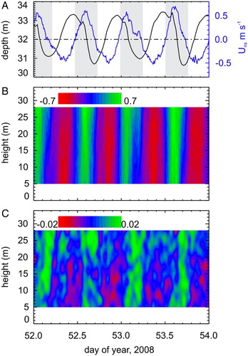 Figure 5. A 2-day section of the RDCP velocity data showing A, depth at the mooring and the north-south current component at mid-depth (northward is ebb, positive and shaded), B, the north-south velocity distribution (m s−1) as a function of height above bed and C, velocity shear (s−1). The Vector is located at height 17 m.