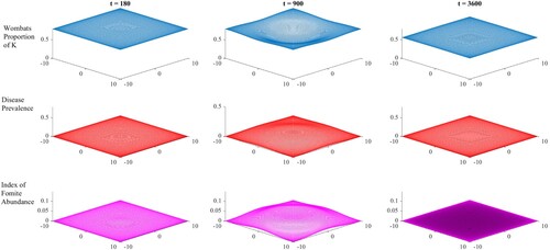 Figure 3. Spatiotemporal dynamics of scaled wombat abundance (as a proportion of the environmental carrying capacity, K – top row), the prevalence of mange in the wombat population (middle row), and the index of fomite abundance (represents the proportion of the theoretical maximum amount of fomites – lower row) when mite survival in the environment is low (7 days, μF=17).