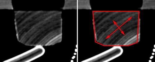 Figure 5. X-Ray image of the upper crossbar (Photograph: Kerstin Hohdorf 2019). The red sketch represents the likely outline of the cross-section when the bar was made.