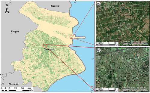 Figure 10. Building footprints in Chongqing. The subfigure (1) and (2) represent the building footprints in suburb and city center, respectively.