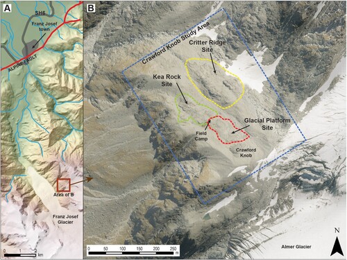 Figure 5. Map of the remotely piloted aerial survey (RPAS) area at Crawford Knob. A, Project location (brown box) near Franz Josef Glacier, west of the main divide of the Southern Alps and southeast of the Alpine Fault. B, the Crawford Knob study area showing the RPAS survey areas; the lower-resolution site survey of the study area (blue dashed rectangle), the Glacial Platform outcrop site (red dashed outline), and other detailed model areas (Kea Rock and Critter Ridge, green and yellow dashed outlines, respectively), from this study. Map data are from LINZ, Heron (Citation2018) and Langridge et al. (Citation2016). Except for ‘Franz Josef Glacier’, ‘Almer Glacier’ and ‘Crawford Knob,’ the above-mentioned location names are informal ones used only for this study.