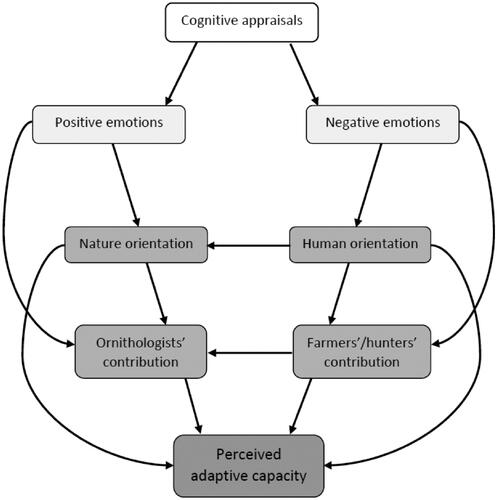Figure 1. Conceptual model for cognitive appraisals, emotions, and management beliefs as predictors of perceived adaptive capacity.