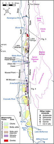 Figure 2  Location map of South Westland showing simplified geology (mainly after Rattenbury et al. Citation2010). Greenland Group index minerals, isograds and metamorphic zones are based on the more detailed work of this study. Alpine Schist isograds from Rattenbury et al. (Citation2010) and Cox & Barrell (Citation2007).