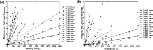 Figure 11. Comparison between measured and Arrhenius model-predicted damage for (A) PC3 and (B) RWPE-1 cells.