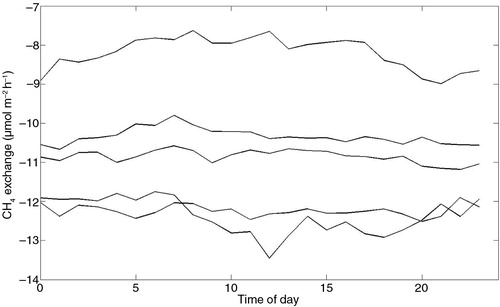 Fig. 11 Diel patterns of soil CH4 exchange measured by individual soil chambers, 7 July–31 September 2010.