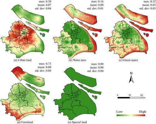 Figure 6. The probability-of-occurrence maps for the five land-use types in Shanghai.