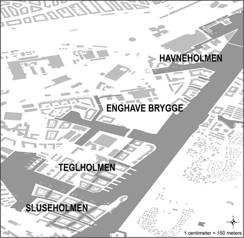 Figure 2. Southern Harbour area. Author's work combining Openstreetmap building layer with WMS background from the Copenhagen municipality.