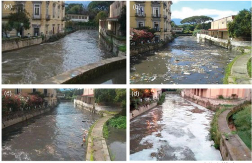 Figure 6. Examples of images taken on the Sarno River at Scafati (Italy) where the presence of suspended material is clearly visible: (a) ordinary condition; (b) dense presence of macroplastic (polystyrene foams) and organic material; (c) presence of plastic elements; (d) presence of foam on the surface.