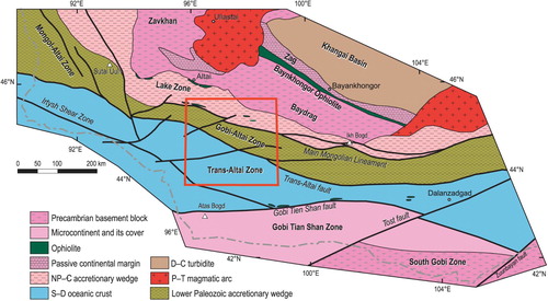 Figure 2. Position of map sheet L-47-V within geotectonic map of SW Mongolia (modified from CitationNguyen et al., 2018).