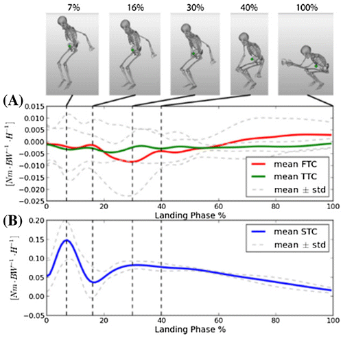 Figure 1. Mean (±sd) of the DAM around A-P (A, red), vertical (A, green) and M-L (B, blue) axis.