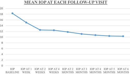 Figure 1 Graphical representation of the Mean IOP at each patient visit in the study population.