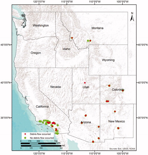 Figure 2. Map showing the 1550 burned basins considered in this study. Red dots show locations that experienced debris flows and the green dots show locations that experienced none. Source: World Terrain Base by Esri. http://downloads2.esri.com/ArcGISOnline/docs/tou_summary.pdf and https://www.arcgis.com/home/item.html?id=c61ad8ab017d49e1a82f580ee1298931