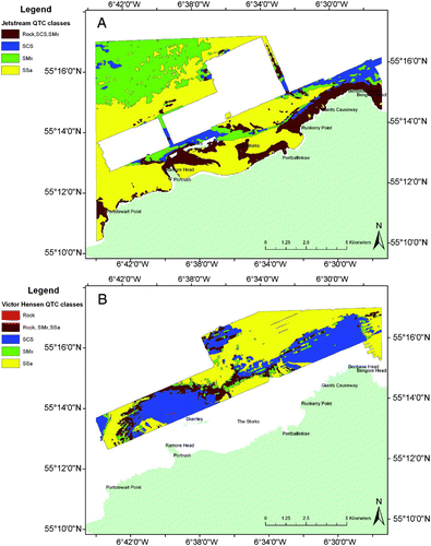 Figure 7. Reclassification of the QTC classes based on the available ground-truthing data for (A) the EM3002 data acquired onboard RV Jetstream and (B) the EM710 data acquired onboard RV Victor Hensen. SCS = coarse sediment; SMx = mixed sediment; SSa = sand.