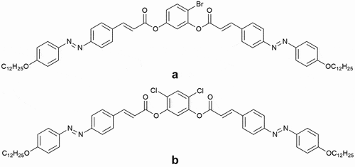Figure 1. Chemical structure of the investigated compounds with compound (a) having bromine in the central ring and compound (b) having two symetrically positioned chlorine atoms in the central ring.