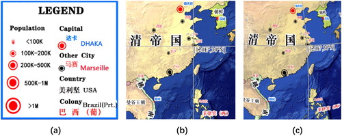 Figure 1. Legend and details of the map and globe: (a) Legend with translated notes; (b) Details of the map; (c) Details of the globe. For clarity, the scales of (b) and (c) are not consistent with that of (a).