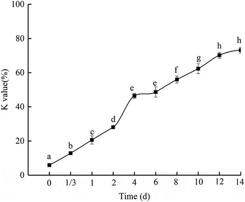 Figure 2. Changes of K value in PYAM during iced storage