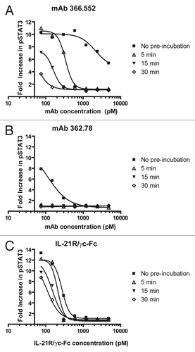 Figure 5 Binding kinetics correlate with efficacy in the IL-21-mediated pSTAT3 assay. Serial dilutions of IL-21 antagonists were pre-incubated with 96 pM IL-21 for 0 (filled squares), 5 (open triangles), 15 (filled inverted triangles) or 30 (open diamonds) min prior to initiation of the pSTAT3 assay. Recombinant CHO-expressed mAbs were used in these experiments. (A) With a relatively slow association rate, clone 366.552 requires a longer pre-incubation period than clone 362.78 or IL-21R to completely neutralize IL-21-mediated STAT3 phosphorylation. (B) IL-21 mAb clone 362.78 (very fast association rate) demonstrated the most potent inhibition of IL-21 mediated pSTAT3 with complete neutralization following 5, 15 and 30 min pre-incubation periods. (C) Soluble IL-21R/γc neutralized IL-21-mediated pSTAT3 in a time-dependent manner, but not as effectively as clone 362.78.